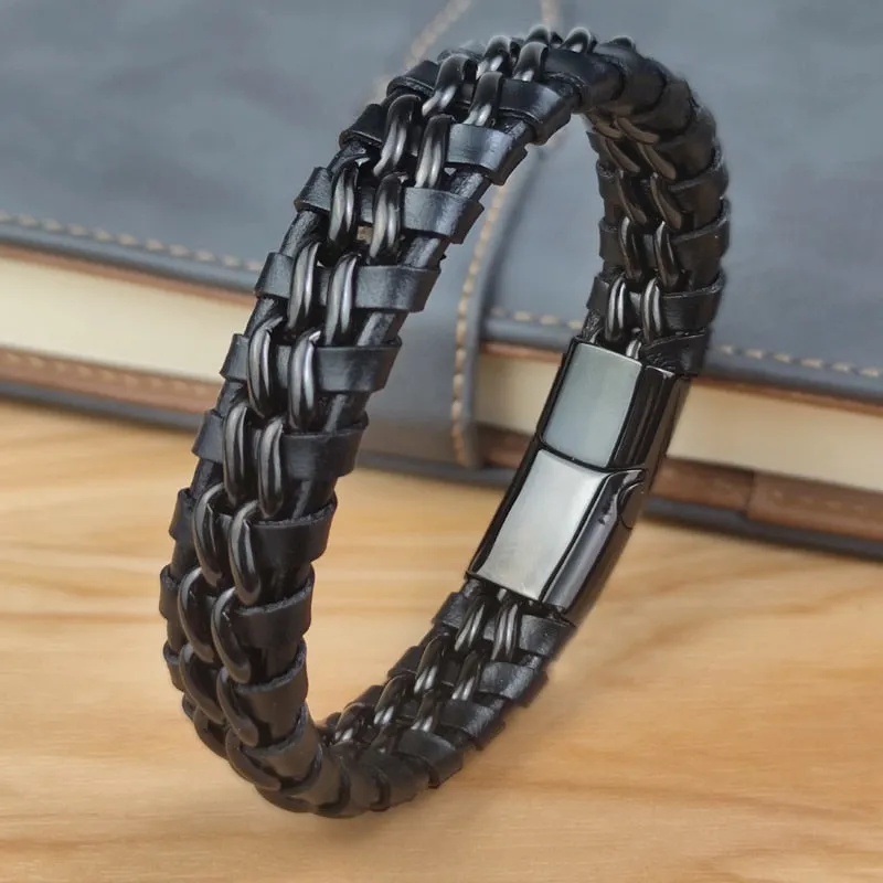 Genuine Leather Chain Bracelet - Magnetic Stainless Steel Clasp in Plated Gold