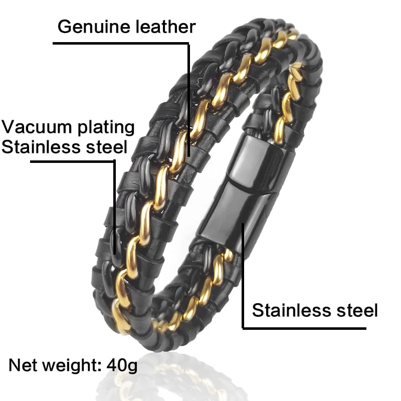 Genuine Leather Chain Bracelet - Magnetic Stainless Steel Clasp in Plated Gold