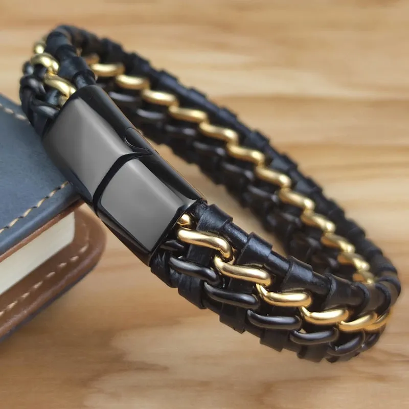 Genuine Leather Chain Bracelet - Magnetic Stainless Steel Clasp in Plated Gold