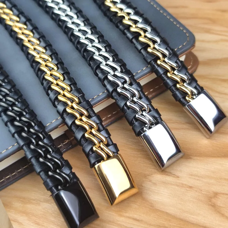 Genuine Leather Chain Bracelet - Magnetic Stainless Steel Clasp in Plated Gold