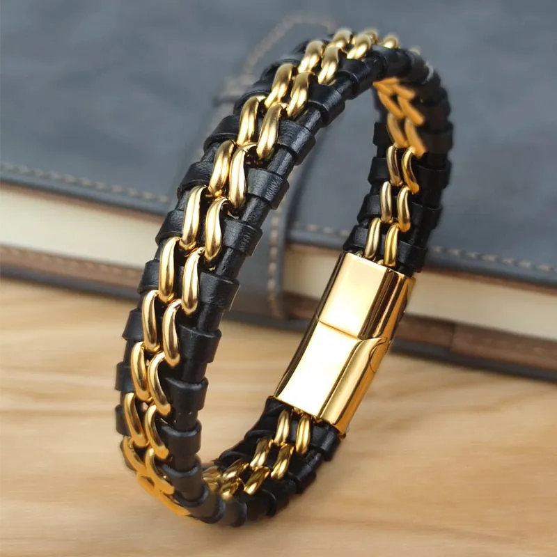 Genuine Leather Chain Bracelet - Magnetic Stainless Steel Clasp in Plated Gold