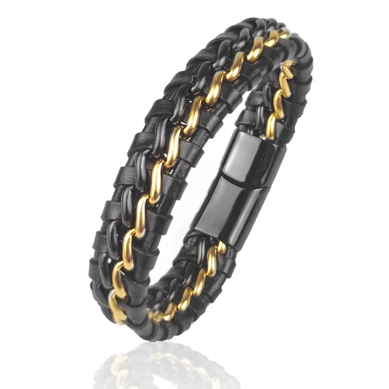 Genuine Leather Chain Bracelet - Magnetic Stainless Steel Clasp in Plated Gold