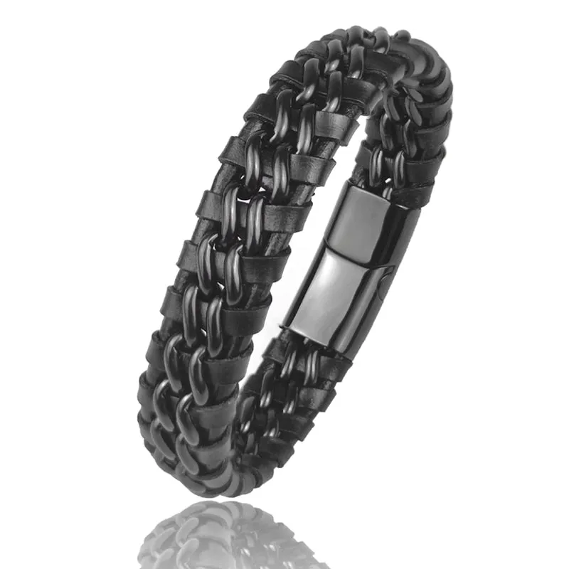 Genuine Leather Chain Bracelet - Magnetic Stainless Steel Clasp in Plated Gold