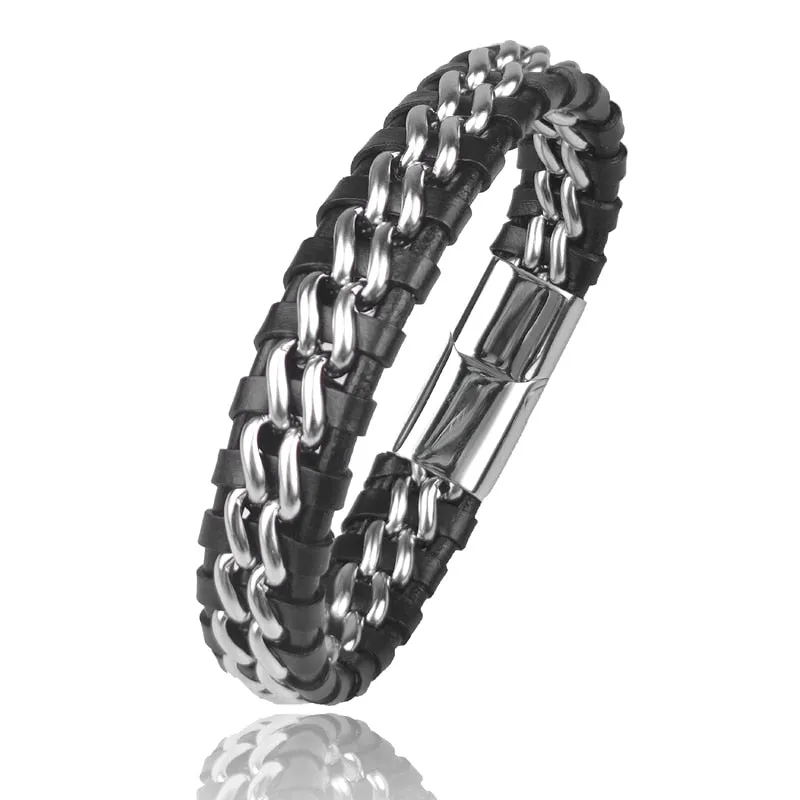 Genuine Leather Chain Bracelet - Magnetic Stainless Steel Clasp in Plated Gold