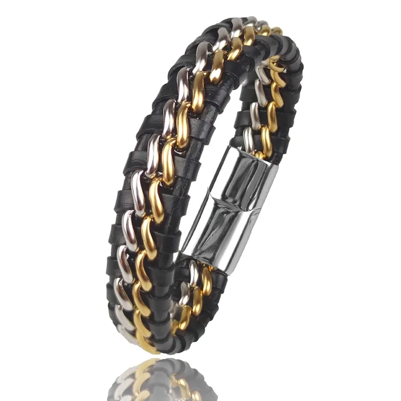 Genuine Leather Chain Bracelet - Magnetic Stainless Steel Clasp in Plated Gold