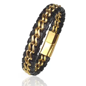 Genuine Leather Chain Bracelet - Magnetic Stainless Steel Clasp in Plated Gold