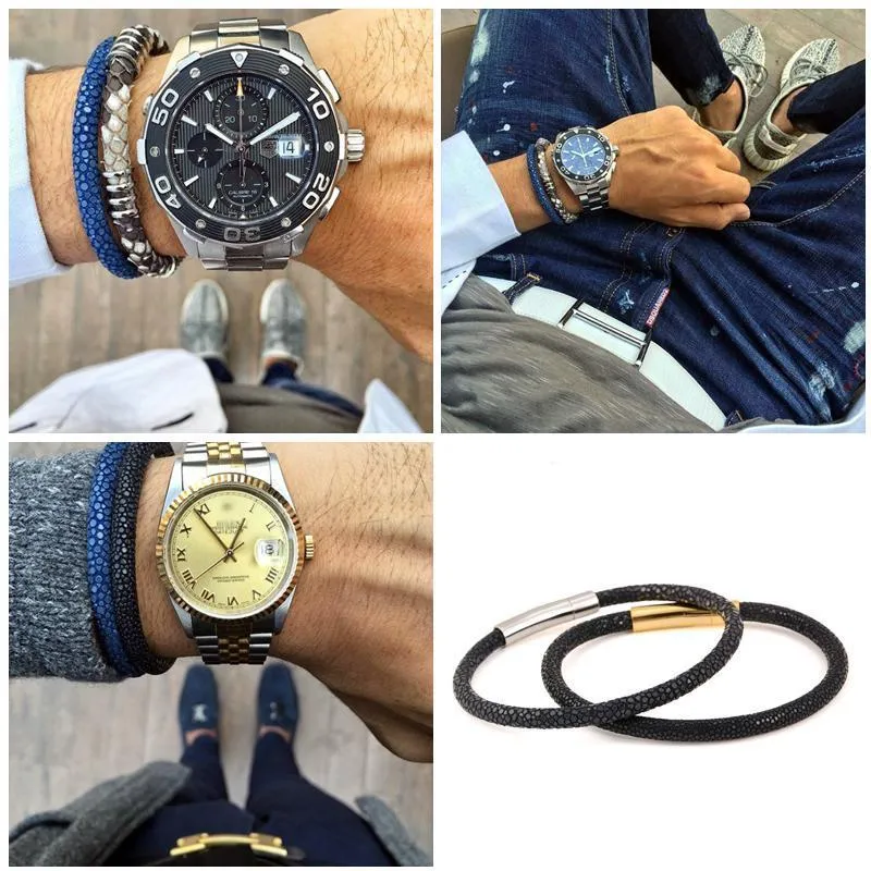 Genuine Stingray Leather Stainless Steel Bracelet