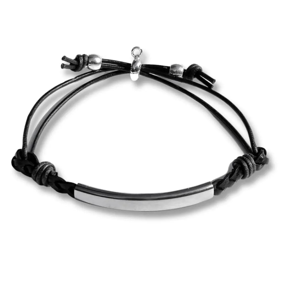Gina Adjustable Black Leather Bracelet with Stainless Steel Crescent