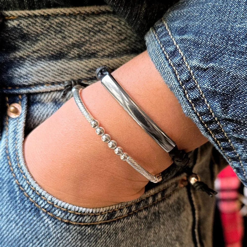 Gina Adjustable Black Leather Bracelet with Stainless Steel Crescent