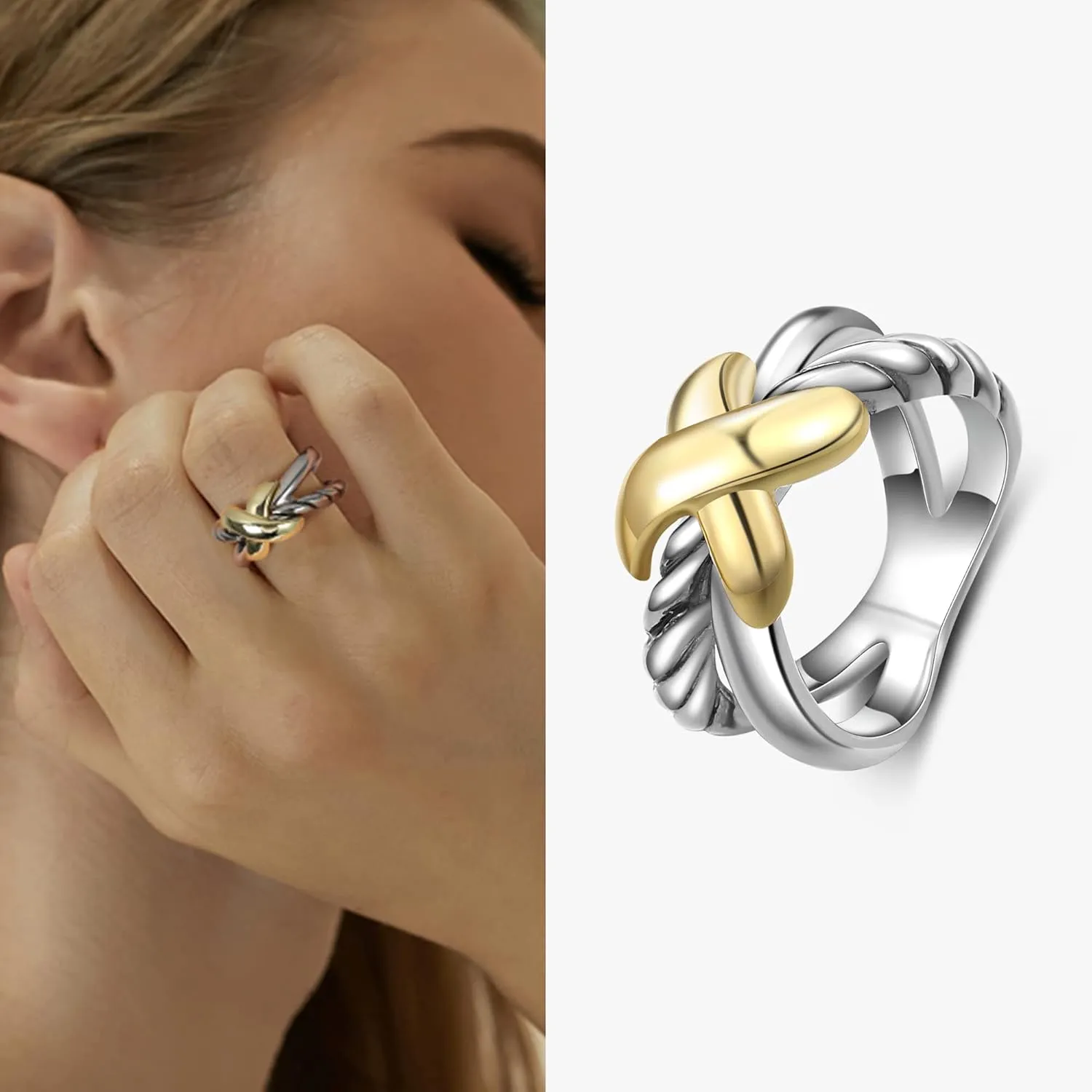 Gold and Silver Cross Rings for Women, Fashion Statement Ring X Knot Band Chunky Twisted Cable Wire Ring Jewelry Gifts for Her