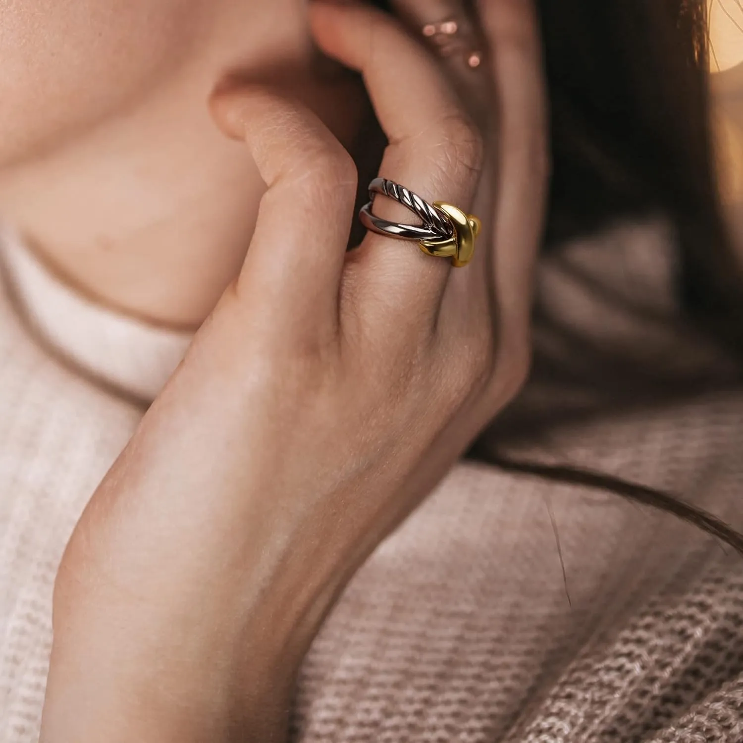 Gold and Silver Cross Rings for Women, Fashion Statement Ring X Knot Band Chunky Twisted Cable Wire Ring Jewelry Gifts for Her