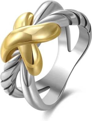 Gold and Silver Cross Rings for Women, Fashion Statement Ring X Knot Band Chunky Twisted Cable Wire Ring Jewelry Gifts for Her