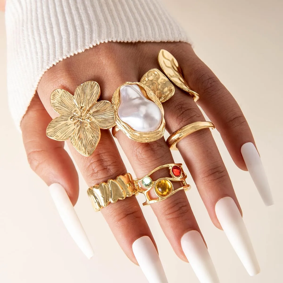 Gold Chunky Rings Set for Women,14K Gold Stackable Pearl Rings Open Stacking Knuckle Statement Ring Adjustable Round Dome Pearl Ring Set Minimalist Irregular Prom Costume Accessories