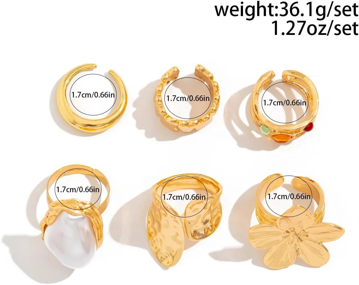 Gold Chunky Rings Set for Women,14K Gold Stackable Pearl Rings Open Stacking Knuckle Statement Ring Adjustable Round Dome Pearl Ring Set Minimalist Irregular Prom Costume Accessories