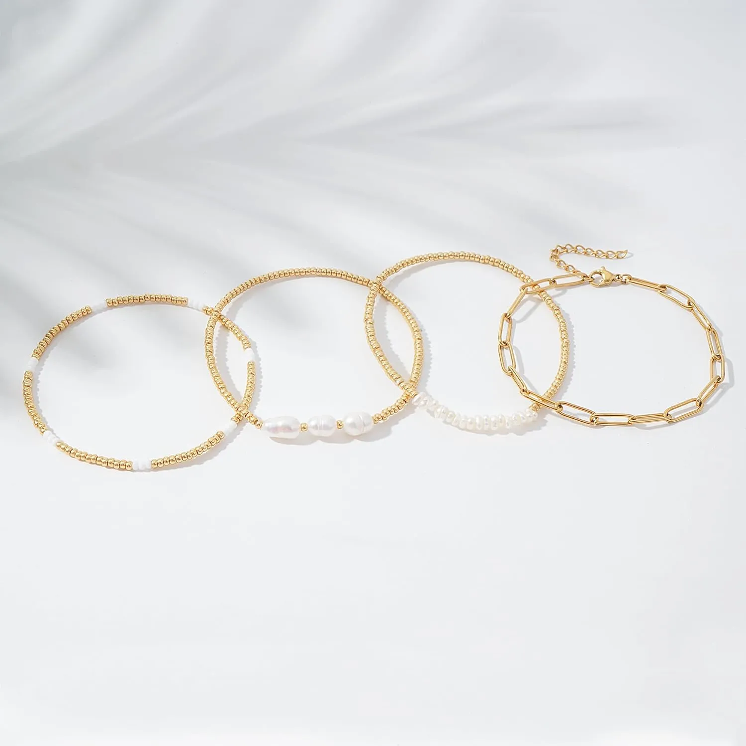 Gold Pearl Beaded Bracelets for Women Stackable Set, Elegant Delicate Paperclip Link Stretch Chain Summer Bracelet Dainty Trendy Gold Jewelry Birthday Gift