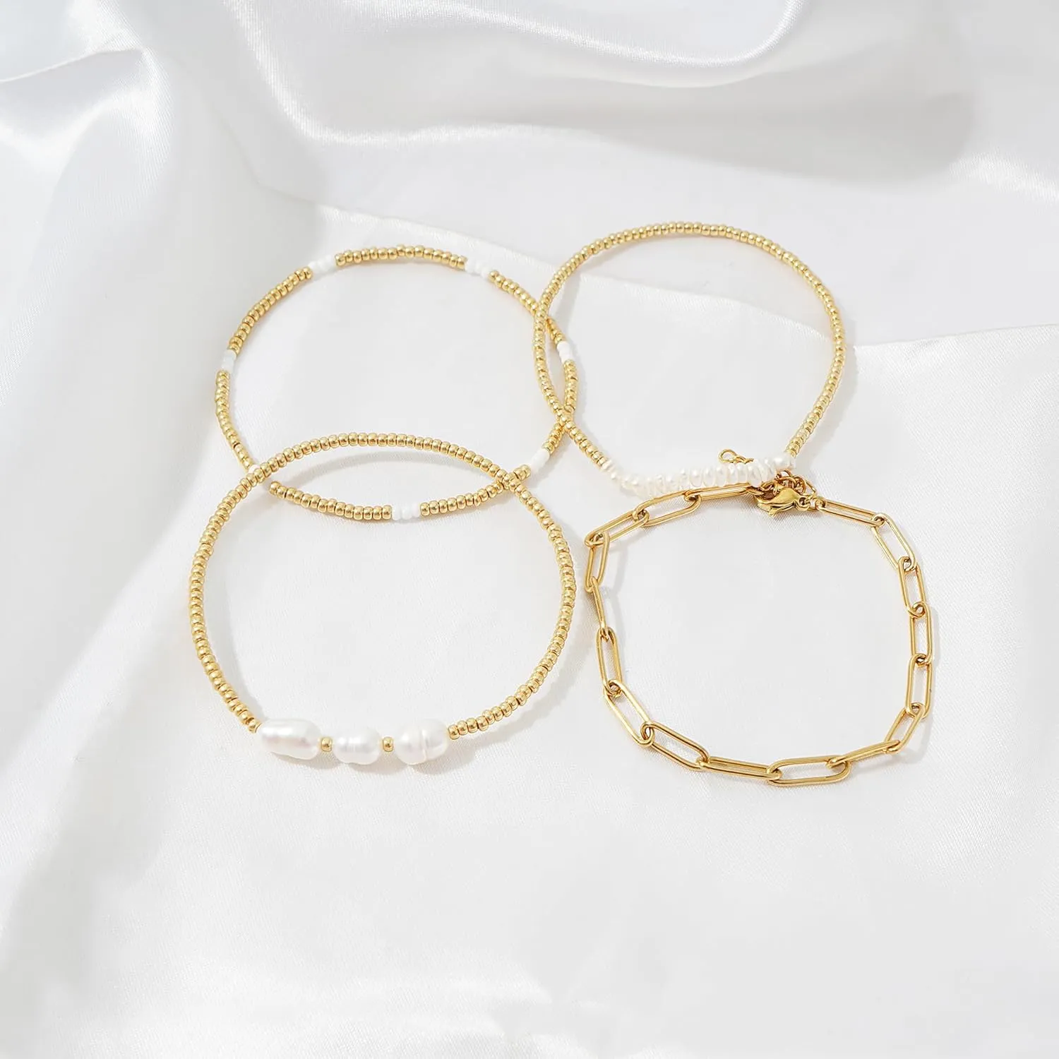 Gold Pearl Beaded Bracelets for Women Stackable Set, Elegant Delicate Paperclip Link Stretch Chain Summer Bracelet Dainty Trendy Gold Jewelry Birthday Gift
