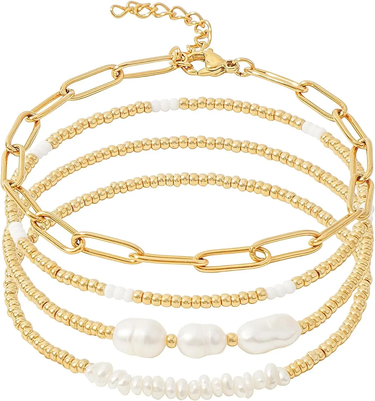 Gold Pearl Beaded Bracelets for Women Stackable Set, Elegant Delicate Paperclip Link Stretch Chain Summer Bracelet Dainty Trendy Gold Jewelry Birthday Gift