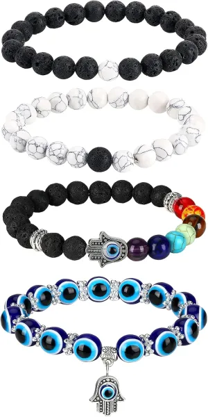 Hicarer 4 Pieces Evil Eye Bracelet Set Hamsa Charm Beaded Chakra Charm Stretch Bracelet for Women(Elegant Style)