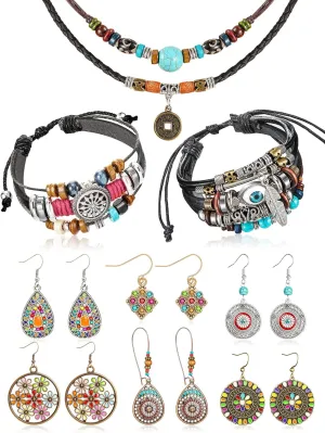 Hicarer 9 Pieces Bohemian Vintage Dangle Earrings Set Boho Retro Rhinestone Drop Earrings Multi-layer Beaded Leather Bracelet and Turquoise Bead Necklace Jewelry for Women