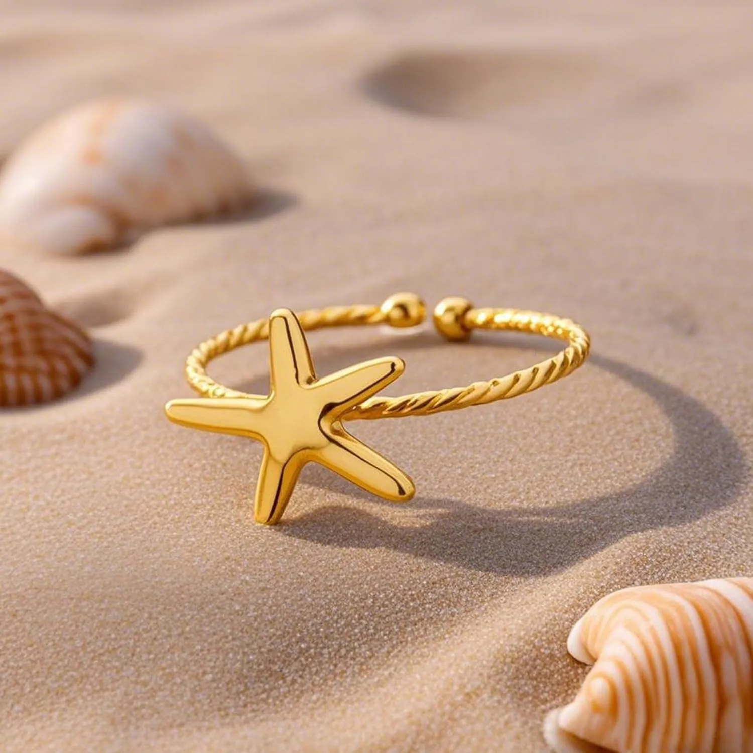 HUASAI Gold Seashell Starfish Shell Ring Dainty Beachy Statement Rings for Women Non Tarnish Summer Jewelry for Women Beach Accessories Vacation Party Summer Stuff