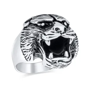 Hunter Norse Viking Mens Silver Ring: Fierce Bear Head Oxidized .925 Sterling
