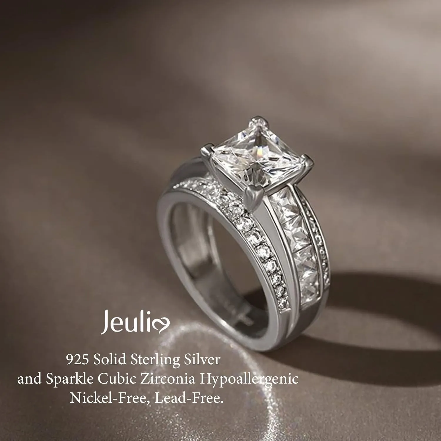 Jeulia Classic Princess Cut Sterling Silver Ring Cubic Zirconia Wedding Diamond Band Rings Engagement Bridal Anniversary Rings for her