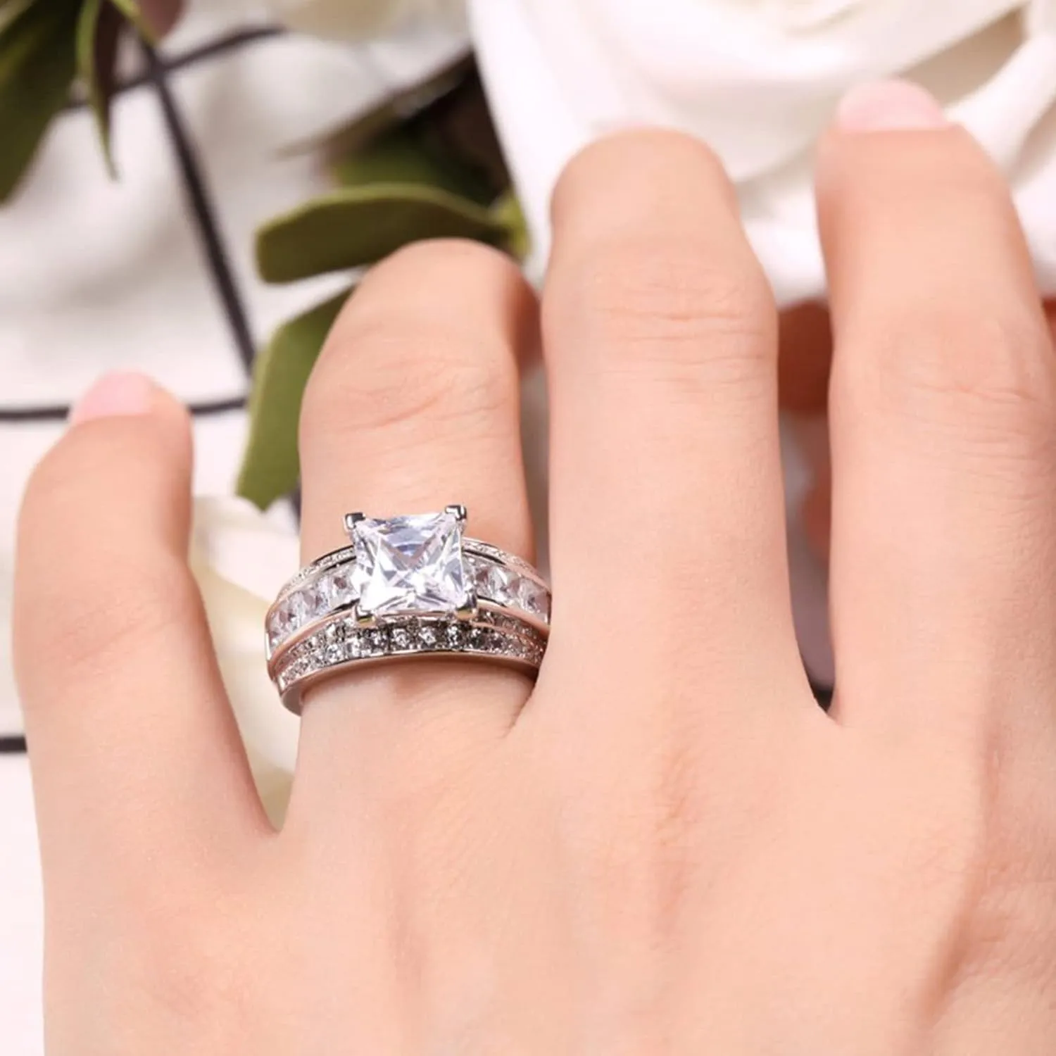 Jeulia Classic Princess Cut Sterling Silver Ring Cubic Zirconia Wedding Diamond Band Rings Engagement Bridal Anniversary Rings for her