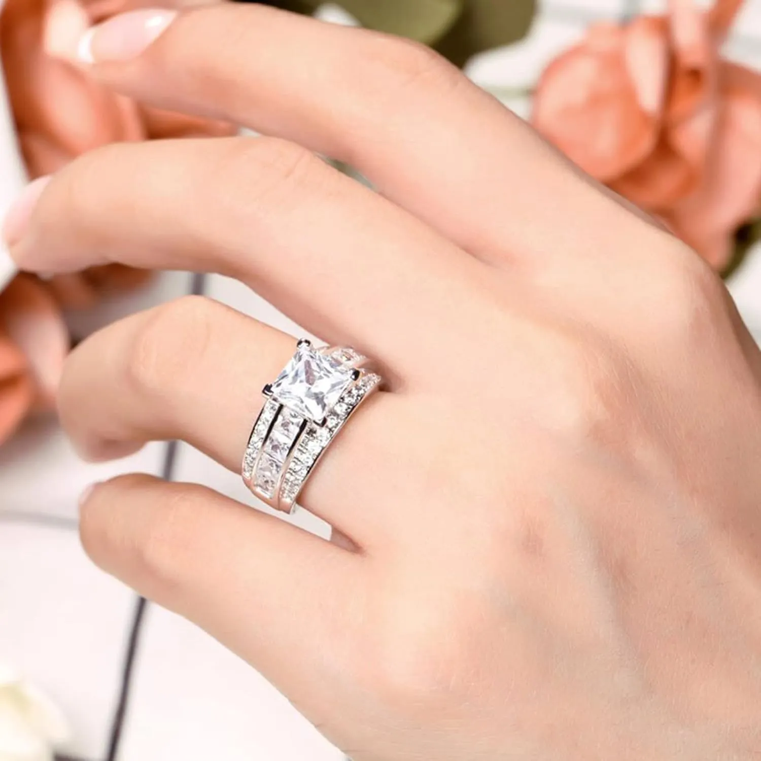 Jeulia Classic Princess Cut Sterling Silver Ring Cubic Zirconia Wedding Diamond Band Rings Engagement Bridal Anniversary Rings for her