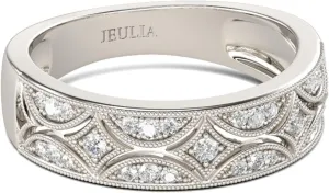 Jeulia Womens Wide Eternity Ring Wedding Band, Milgrain Round Cut 18k White Gold Plated Eternity Band Ring Romantic Birthday Anniversary Jewelry with Gift Box