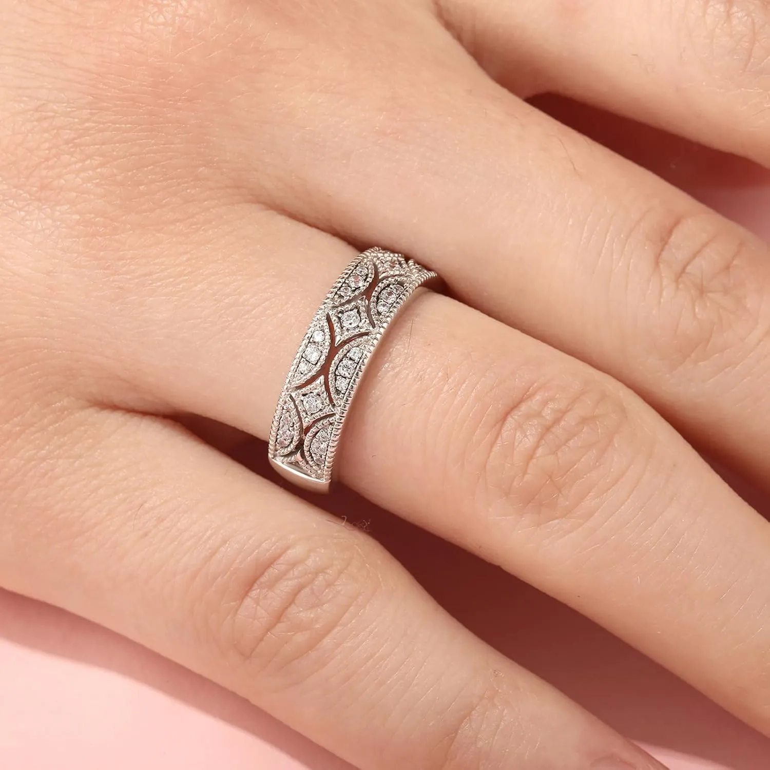 Jeulia Womens Wide Eternity Ring Wedding Band, Milgrain Round Cut 18k White Gold Plated Eternity Band Ring Romantic Birthday Anniversary Jewelry with Gift Box