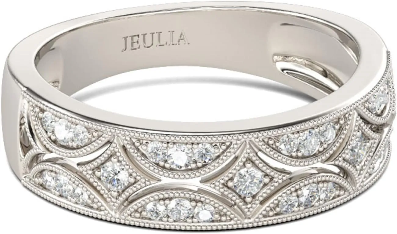 Jeulia Womens Wide Eternity Ring Wedding Band, Milgrain Round Cut 18k White Gold Plated Eternity Band Ring Romantic Birthday Anniversary Jewelry with Gift Box