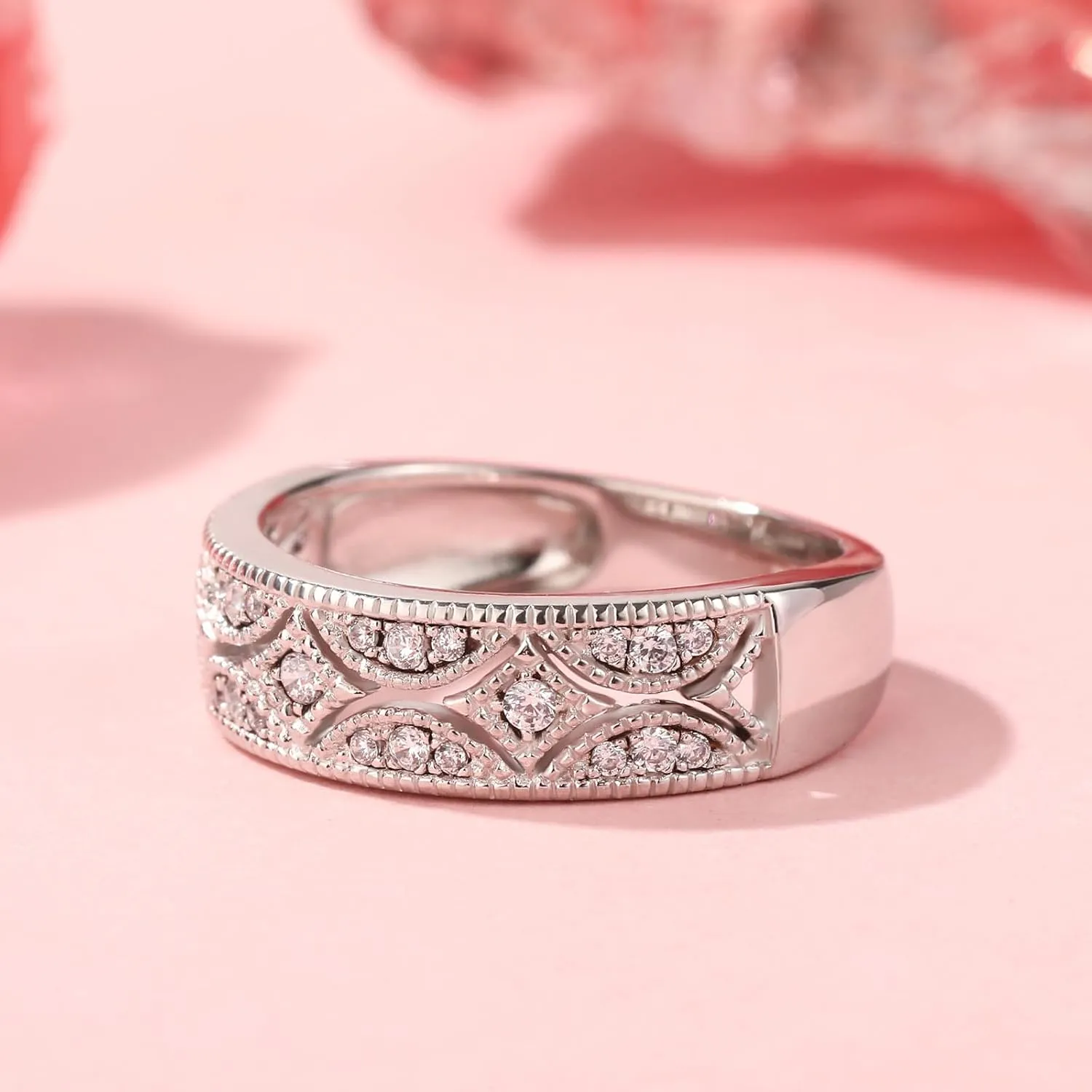 Jeulia Womens Wide Eternity Ring Wedding Band, Milgrain Round Cut 18k White Gold Plated Eternity Band Ring Romantic Birthday Anniversary Jewelry with Gift Box