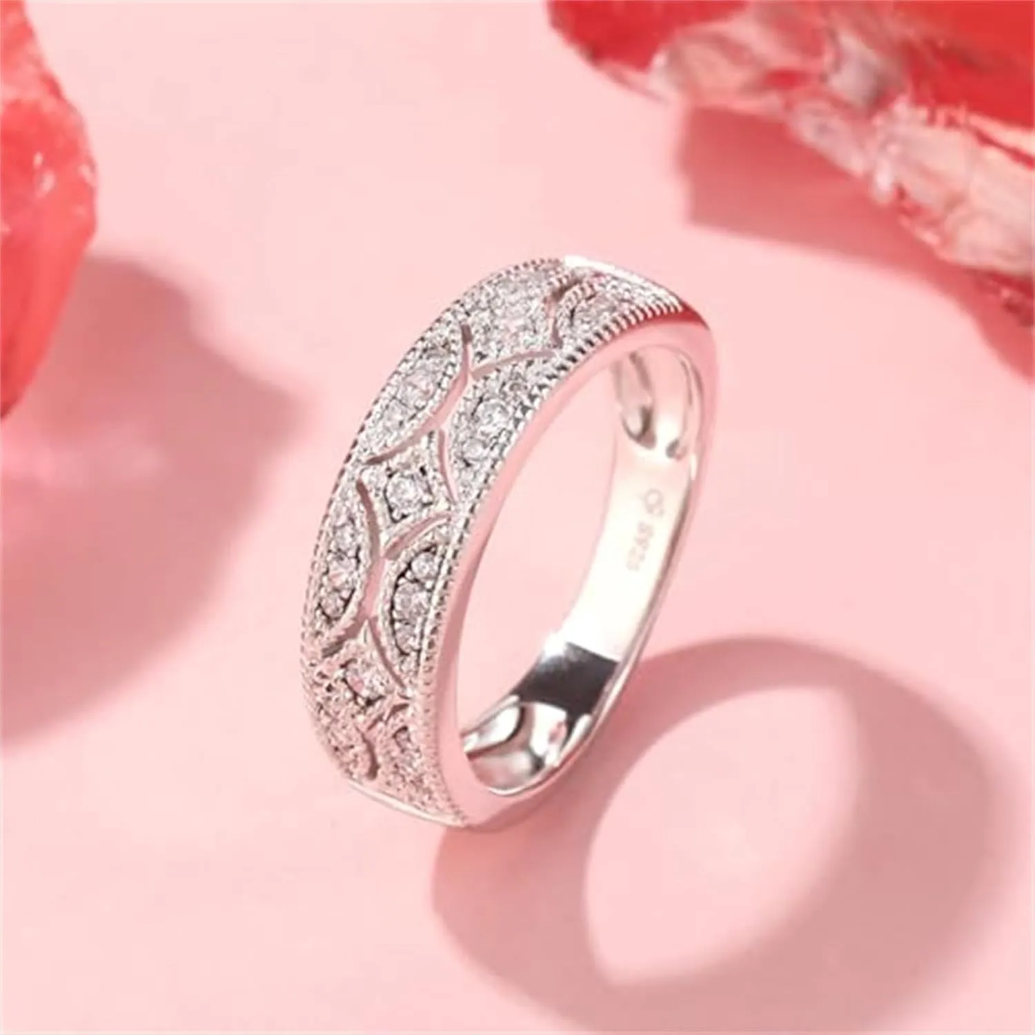 Jeulia Womens Wide Eternity Ring Wedding Band, Milgrain Round Cut 18k White Gold Plated Eternity Band Ring Romantic Birthday Anniversary Jewelry with Gift Box