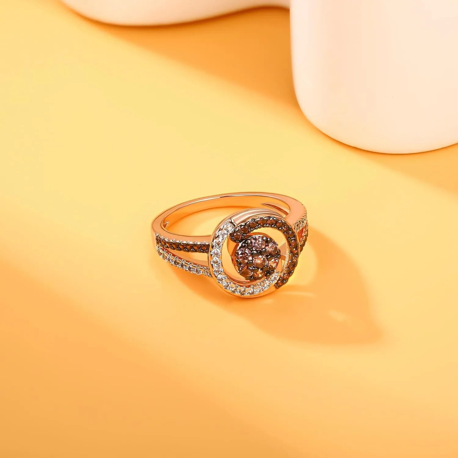 JIANGYUE Rose Gold Chocolate White and Brown Cubic Zirconia Statement Rings, Black Wedding Rings for Women Chocolate Diamond Ladies Cocktail Mothers Day Gift Size 5 6 7 8 9 10