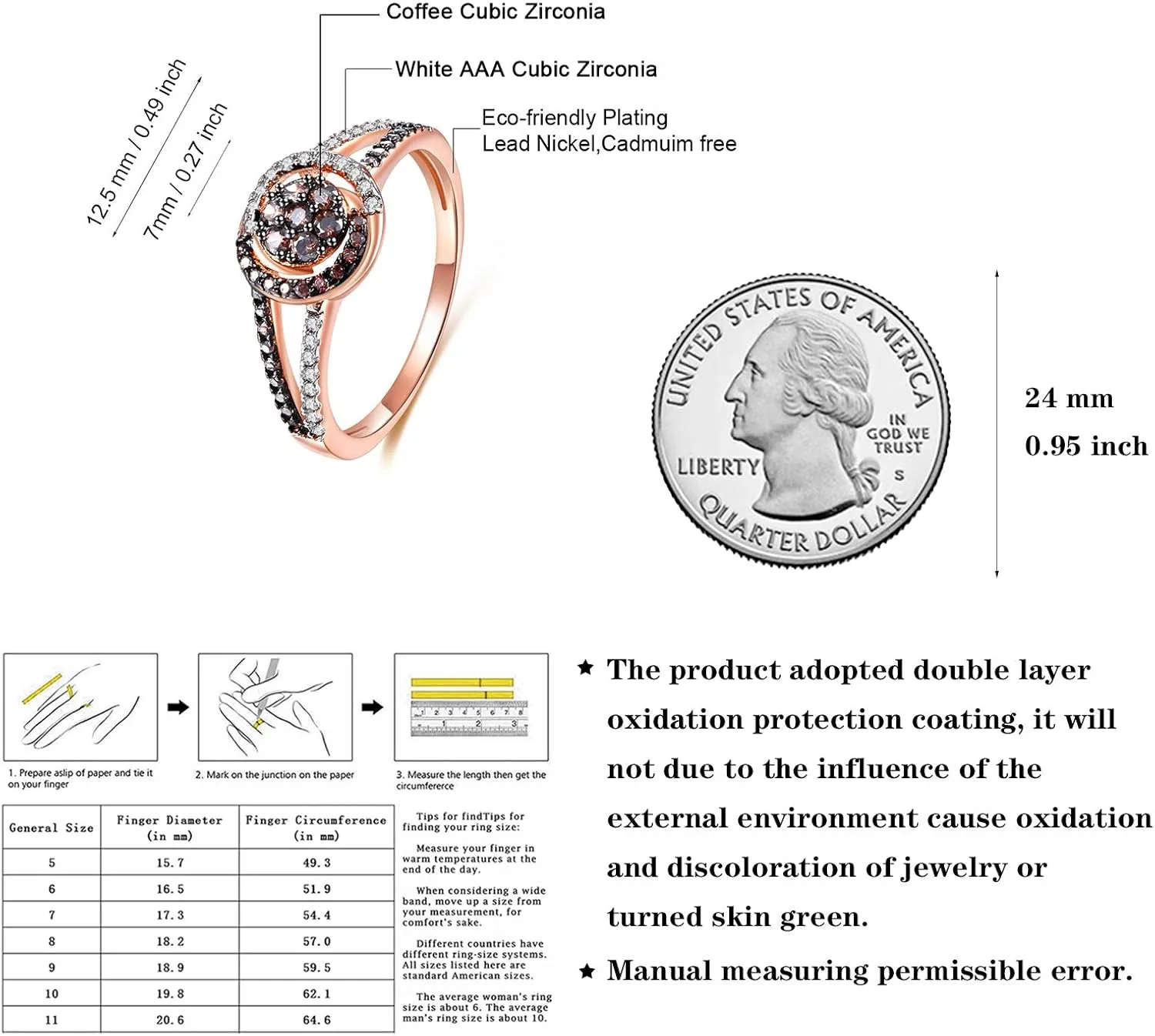 JIANGYUE Rose Gold Chocolate White and Brown Cubic Zirconia Statement Rings, Black Wedding Rings for Women Chocolate Diamond Ladies Cocktail Mothers Day Gift Size 5 6 7 8 9 10