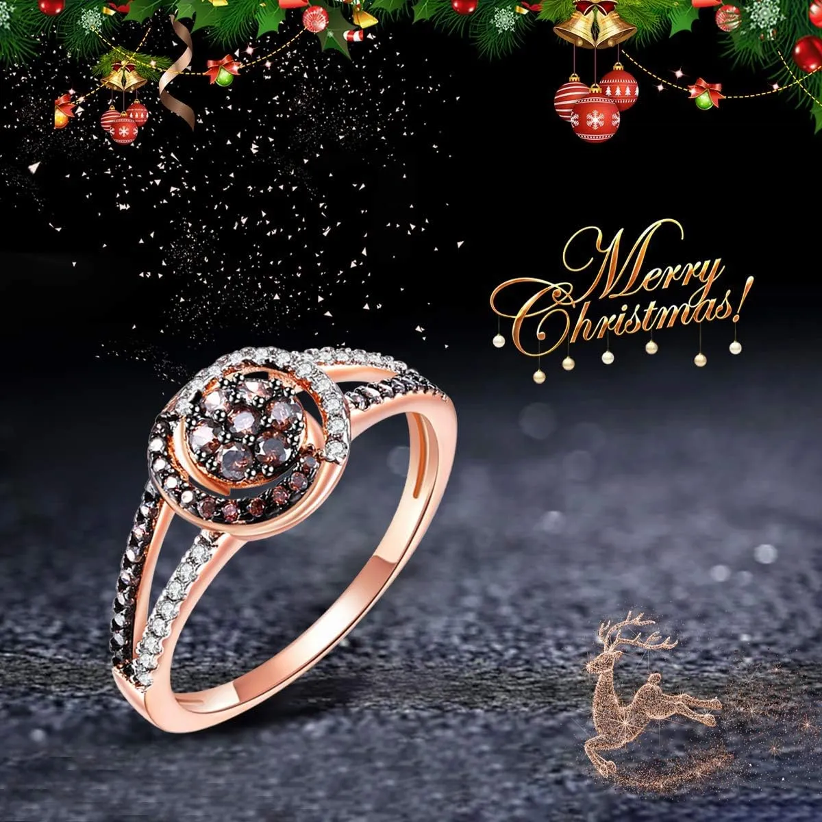 JIANGYUE Rose Gold Chocolate White and Brown Cubic Zirconia Statement Rings, Black Wedding Rings for Women Chocolate Diamond Ladies Cocktail Mothers Day Gift Size 5 6 7 8 9 10