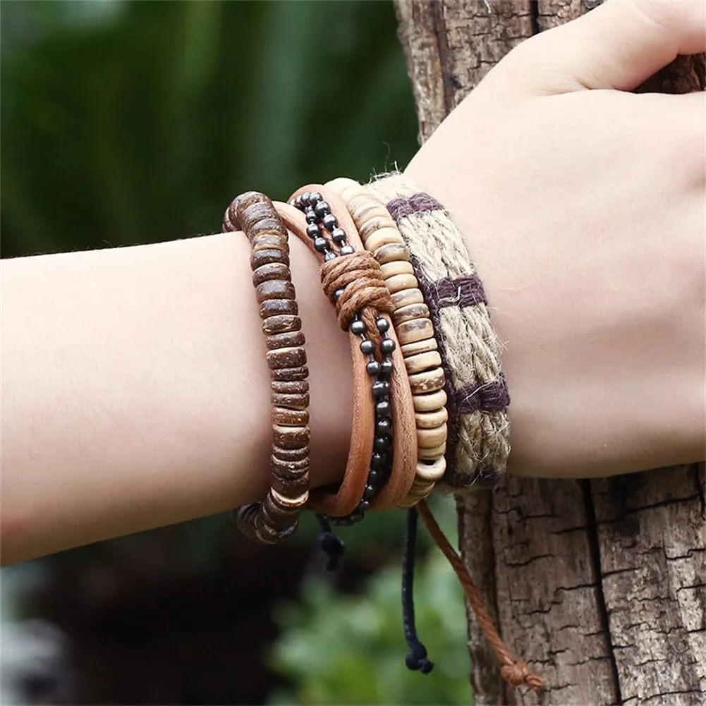 Leather Bracelet Set for Men Women, Multilayer Hemp Cords Tribal Braided Design, Ethnic Wood Beads Wrap Wristbands, 4 Pack, 6.5-8.5 Inches