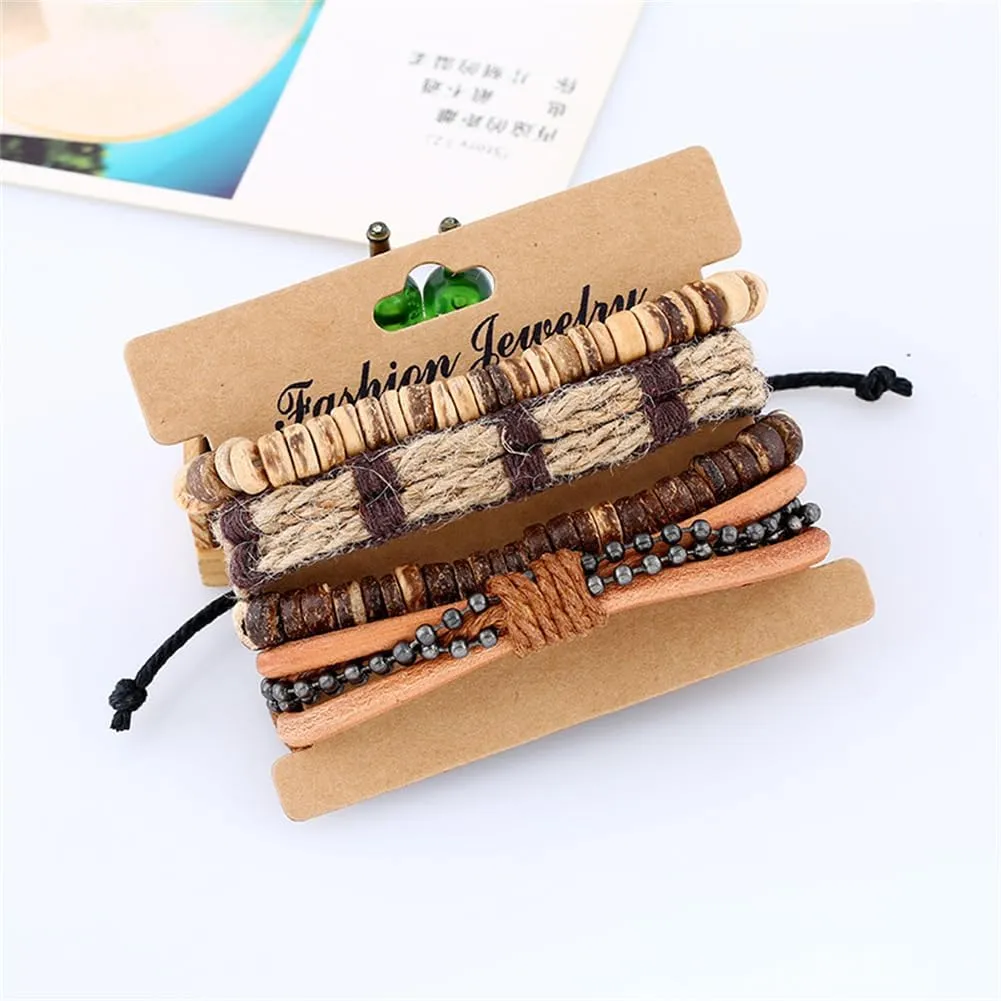 Leather Bracelet Set for Men Women, Multilayer Hemp Cords Tribal Braided Design, Ethnic Wood Beads Wrap Wristbands, 4 Pack, 6.5-8.5 Inches