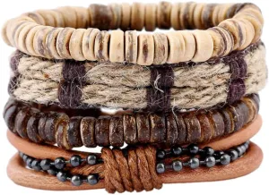 Leather Bracelet Set for Men Women, Multilayer Hemp Cords Tribal Braided Design, Ethnic Wood Beads Wrap Wristbands, 4 Pack, 6.5-8.5 Inches