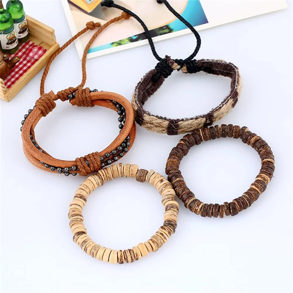 Leather Bracelet Set for Men Women, Multilayer Hemp Cords Tribal Braided Design, Ethnic Wood Beads Wrap Wristbands, 4 Pack, 6.5-8.5 Inches