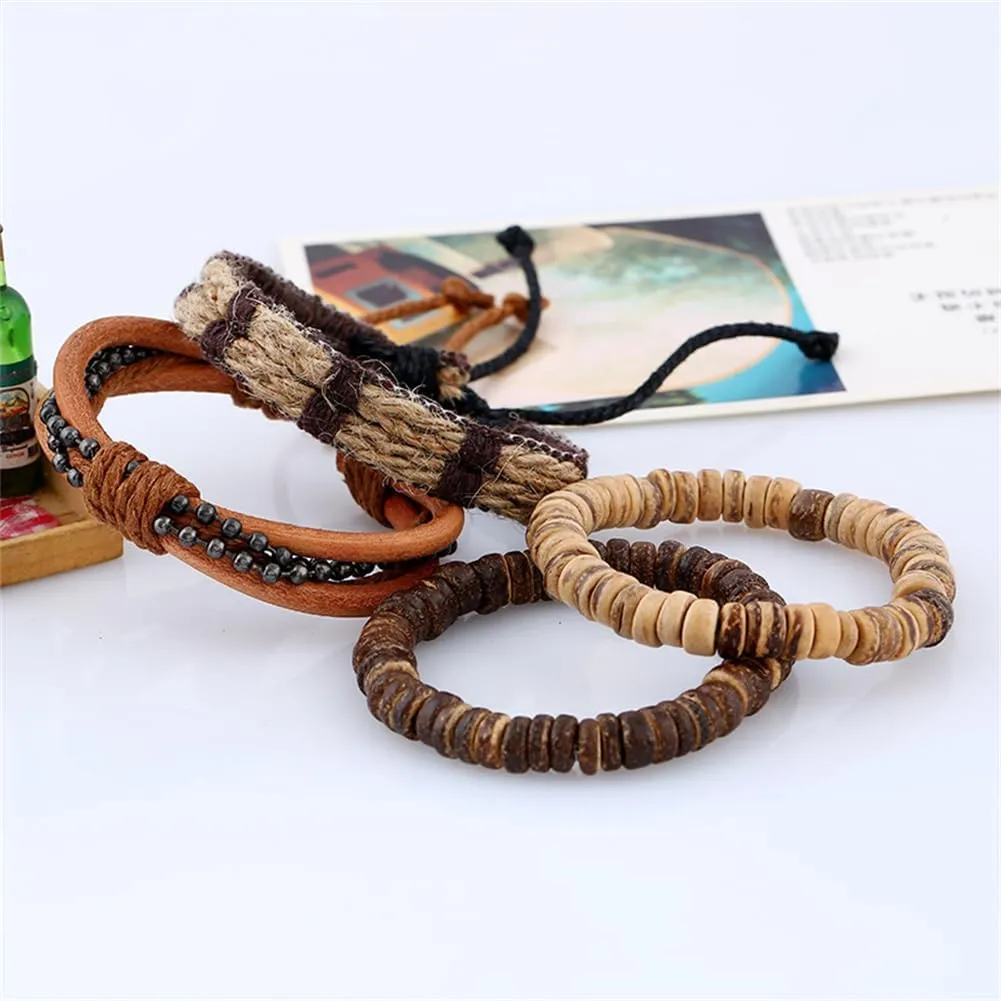 Leather Bracelet Set for Men Women, Multilayer Hemp Cords Tribal Braided Design, Ethnic Wood Beads Wrap Wristbands, 4 Pack, 6.5-8.5 Inches