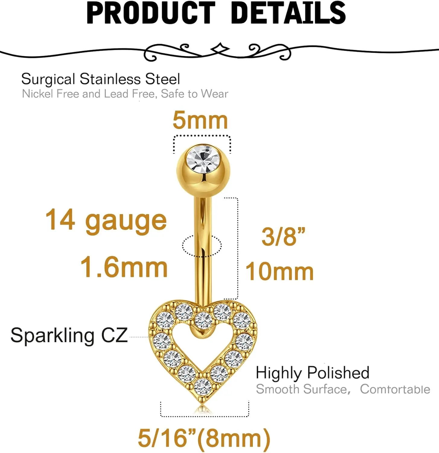 Longita Belly Ring - Surgical Steel & Gold Clicker, Hypoallergenic Navel Ring for Women
