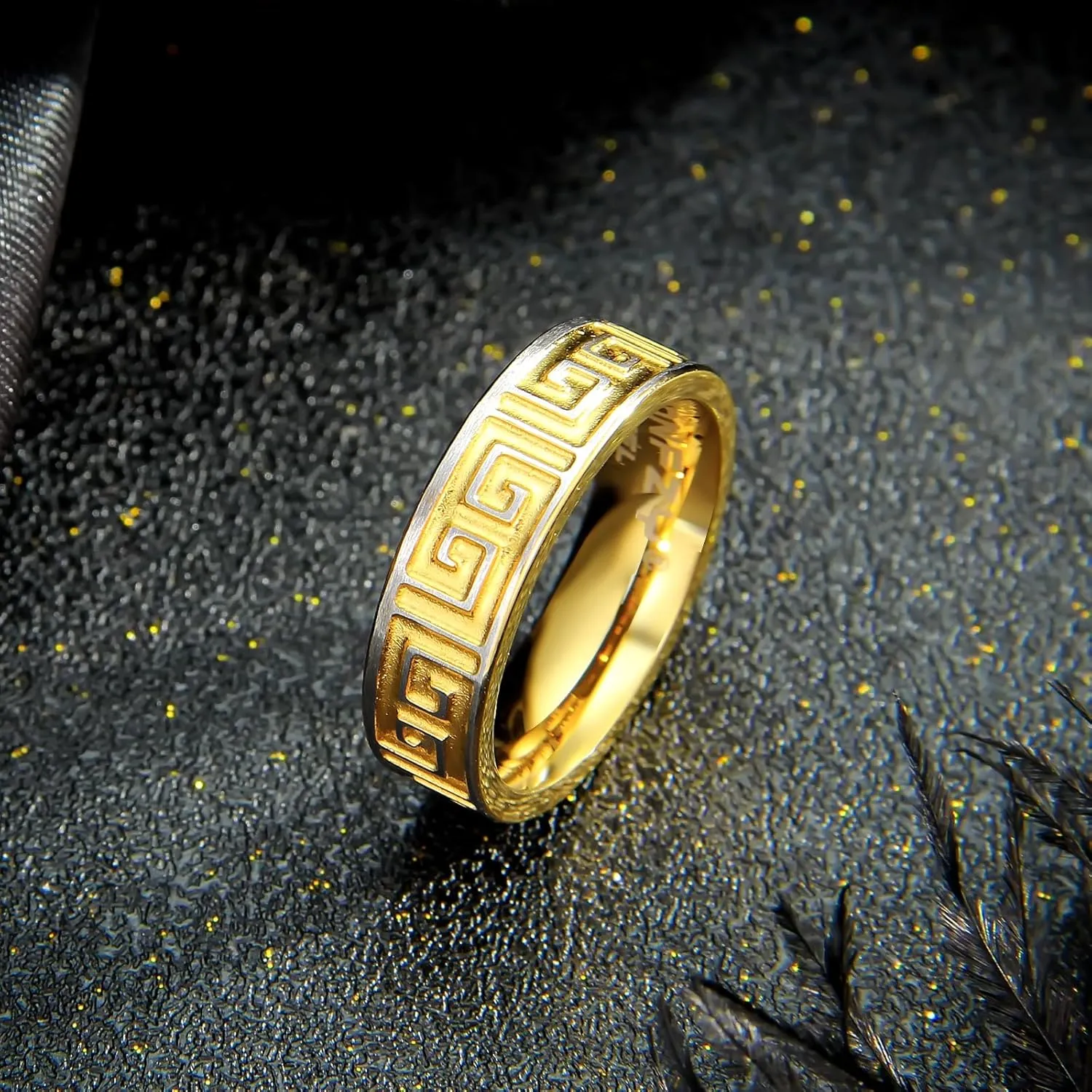 Mens Wedding Band Ring - Fashion Durable Stainless Steel Engagement Promise Rings for Men Women, 6mm Greek Key Ring for Men Couple Jewelry Gift Ring Size 6 7 8 9 10 11