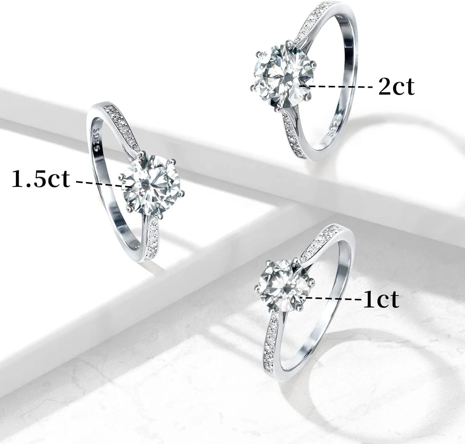 Moissanite Engagement Rings for Women, 1ct 1.5ct 2ct D Color Round Diamond Solitaire Engagement Ring, White Gold Plated Sterling Silver Wedding Promise Rings