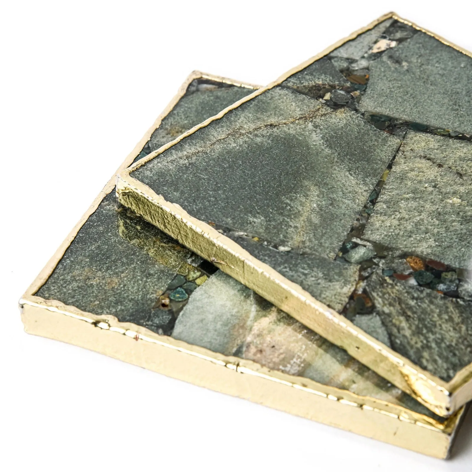 Moss Agate Square Coasters With Gold Edges