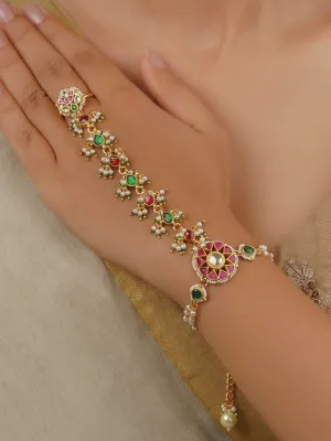 Multicolor Gold Plated Jadau Kundan Haathphool - MHP216M