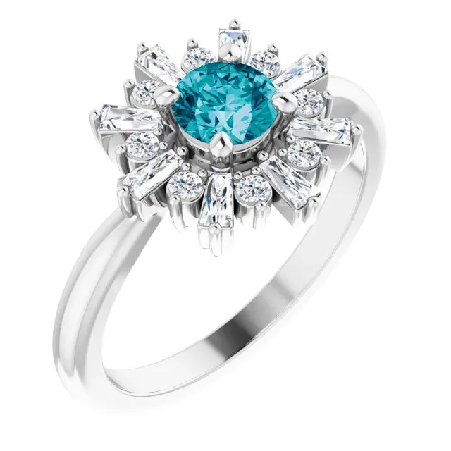 Natural London Blue Topaz Round & Baguette Diamond Halo Ring