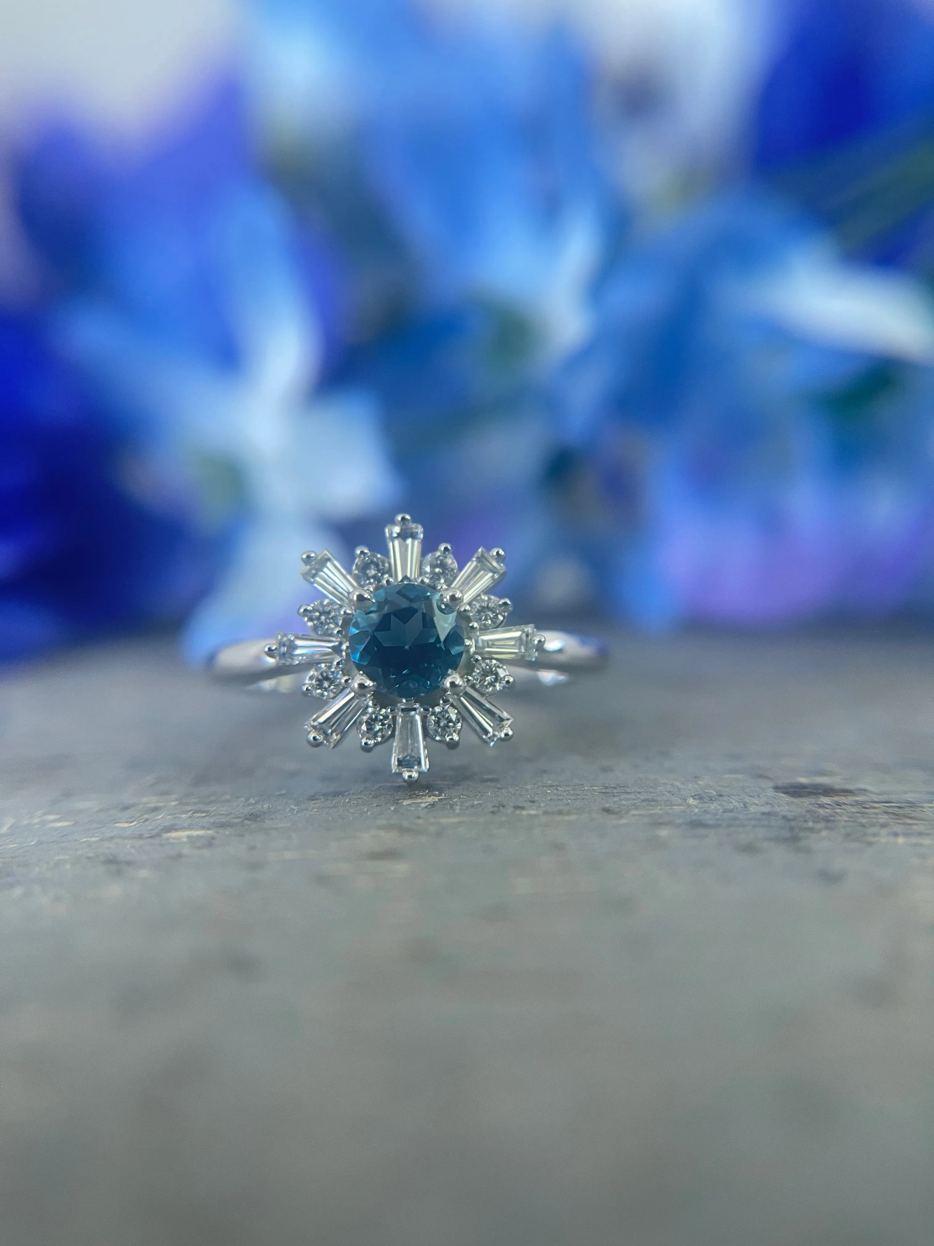 Natural London Blue Topaz Round & Baguette Diamond Halo Ring
