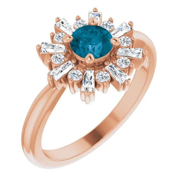 Natural London Blue Topaz Round & Baguette Diamond Halo Ring