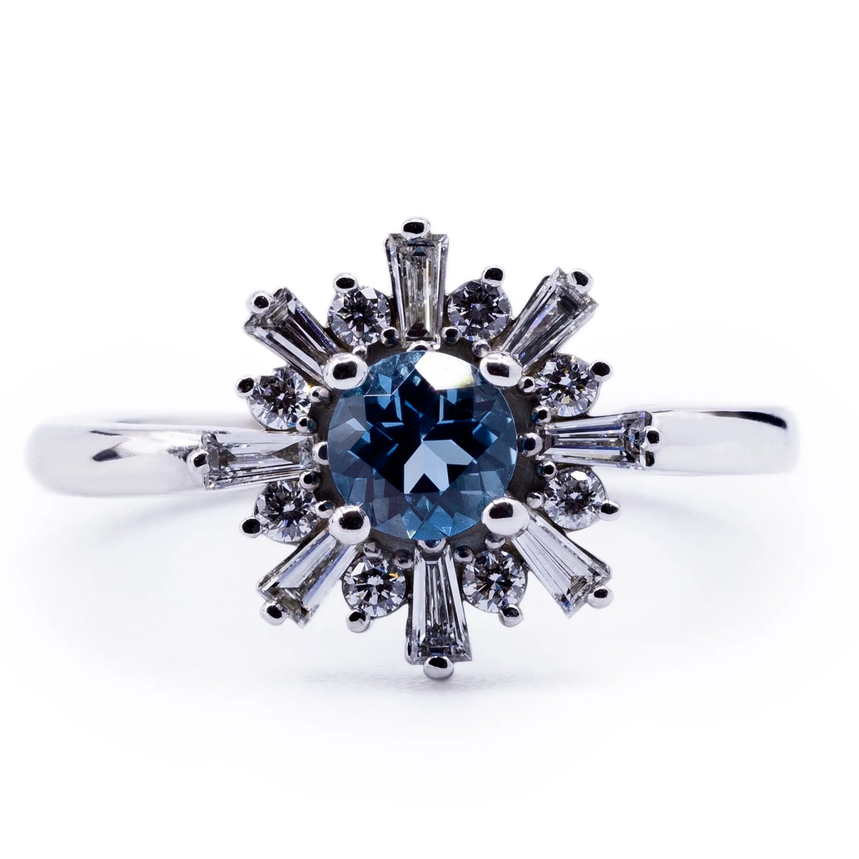 Natural London Blue Topaz Round & Baguette Diamond Halo Ring